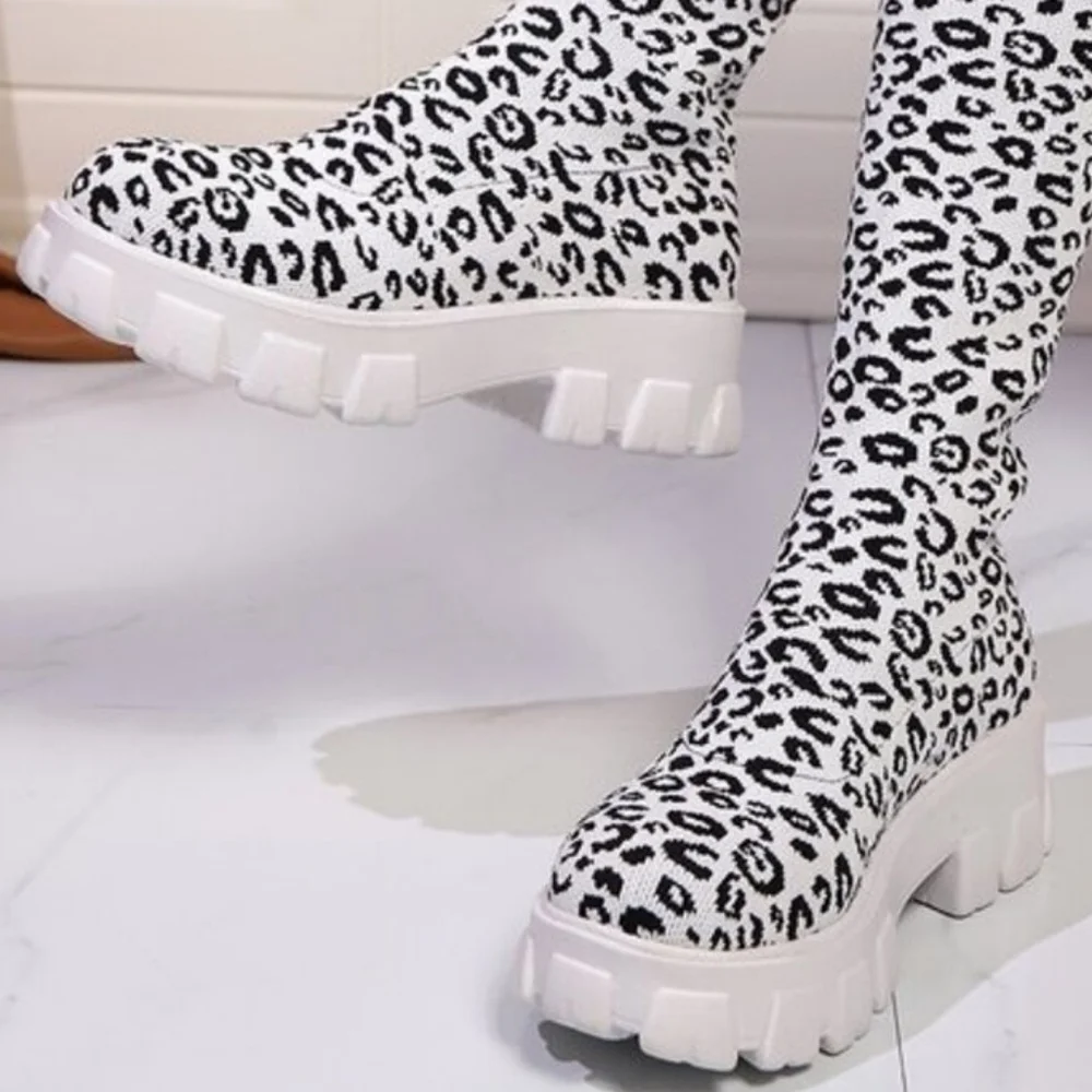 Leopard Chunky Platform Knee High Sock Boots Stretch Mesh Knit Block Heel Shoes